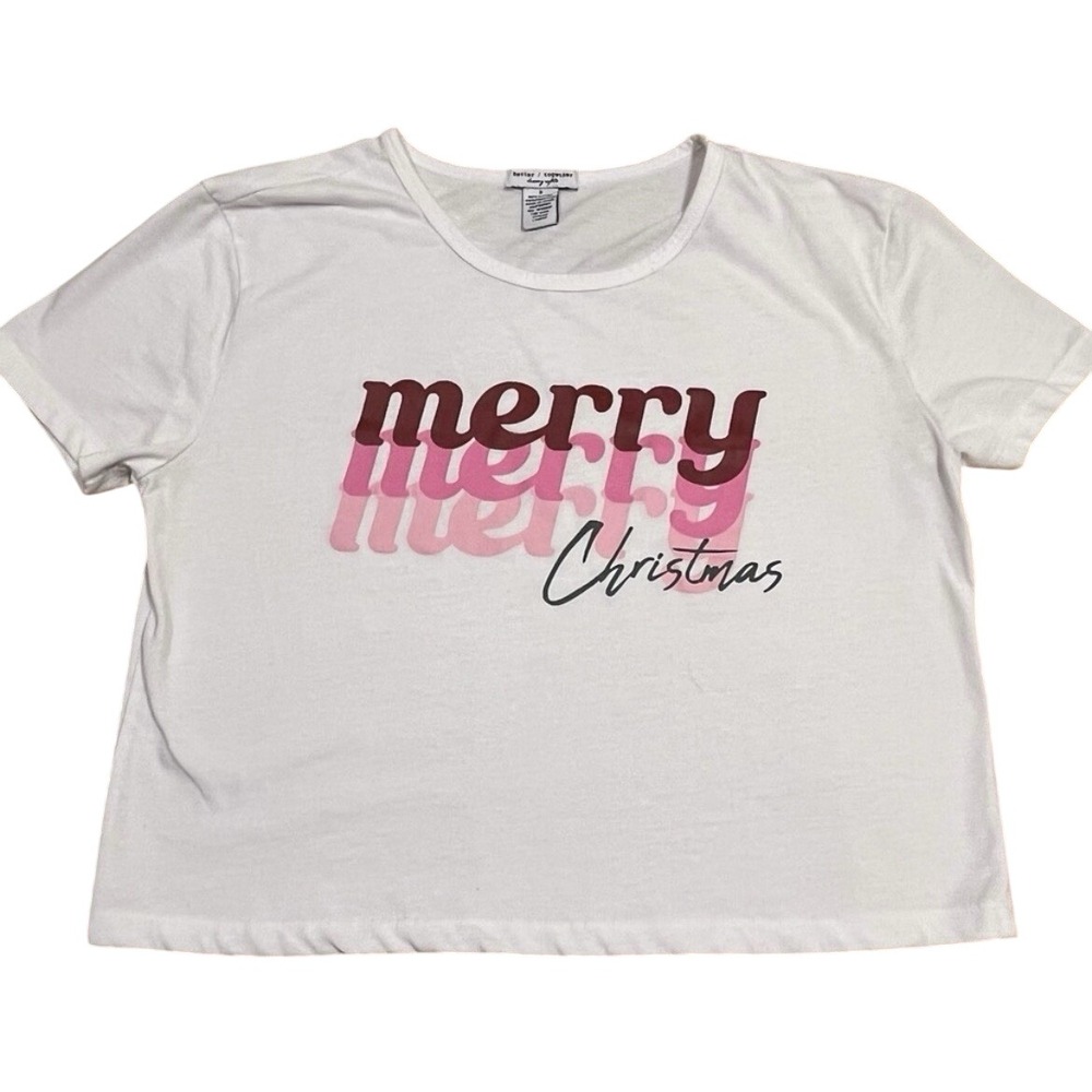 Better Together Merry Merry Christmas Womens Juniors White Crop Tshirt Size S